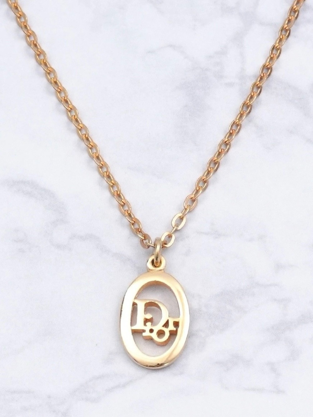 Vintage Christian Dior Classic Logo Hollow Oval Pendant Gold Chain Necklace